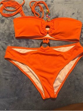 Vibrant Orange Ring-Accent Bikini Set